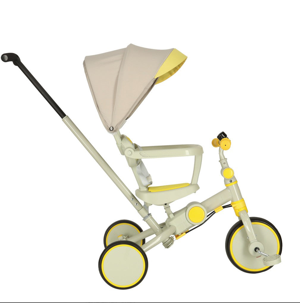 Tricicleta 6 in 1 copii, Zola, cu pedale, baldachin UV pliabil si detasabil, greutate suportata 25 kg, cadru otel, bej/galben Tricicleta 6 in 1 copii, Zola, cu pedale, baldachin UV pliabil si detasabil, greutate suportata 25 kg, cadru otel, bej/galben